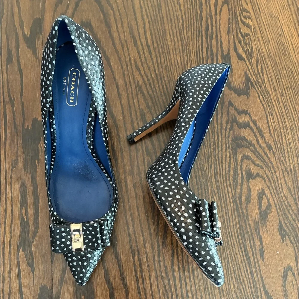 Coach Landrie Snakeskin Leather Black Polka Dot Heels Size 9 - Picture 4 of 6